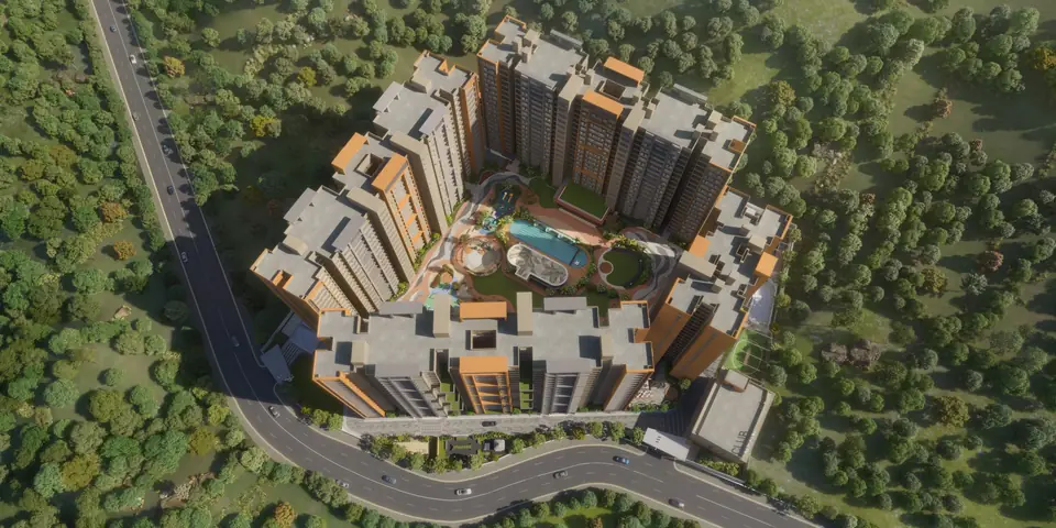 Aerial view of Park Pebbles towers around a central podium surrounded by greenery