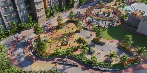 Podium walkways, pergola swing court and lawns