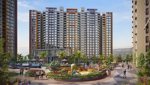 Podium garden with pool and play zone in front of residential towers